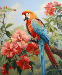 Colorful parrot perched among tropical flowers illustration