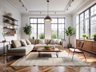 Fototapeta premium Modern Minimalist Living Room Design Featuring White Walls and Wooden Furniture in a Bright, Spacious Environment for Contemporary Interior Inspiration