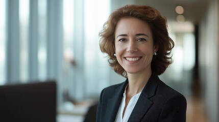 Fototapeta premium businesswoman corporate portrait in office, young smiling European mature middle aged manager business woman. Portrait of a businesswoman standing in a modern office.