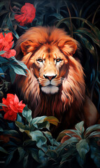 Majestic Lion with Floral Jungle Wall Art