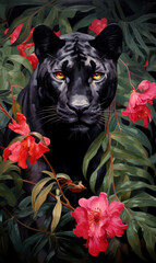 Black Panther with Tropical Flowers Wall Art