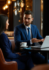 R&eacute;union professionnelle autour d&rsquo;un caf&eacute; entre coll&egrave;gues discutant d&rsquo;un projet d&rsquo;entreprise