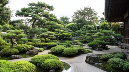 Obraz premium Tranquil garden harmony neatly pruned trees serene landscape japanese style peaceful environment aesthetic viewpoint