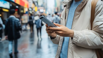 Obraz premium Person using smartphone on a busy city street. Image shows a close-up of a person's hands using a phone amidst blurred city background.