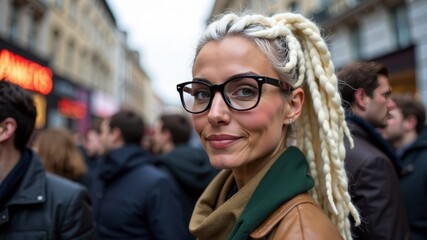 Fototapeta premium woman with white dreadlocks and glasses stands at a rally
