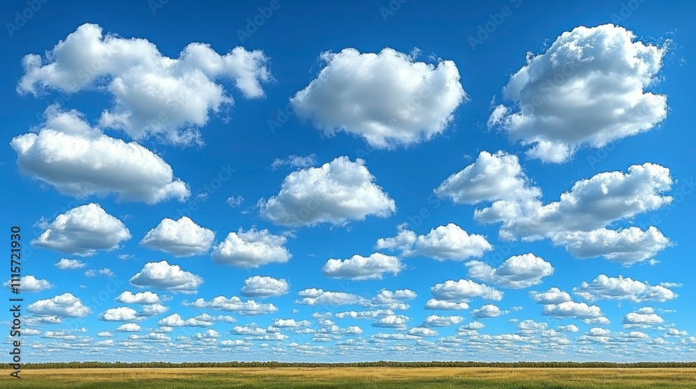 Poster fluffy cumulus clouds scattered across a clear blue sky creating a peaceful and uplifting atmosphere