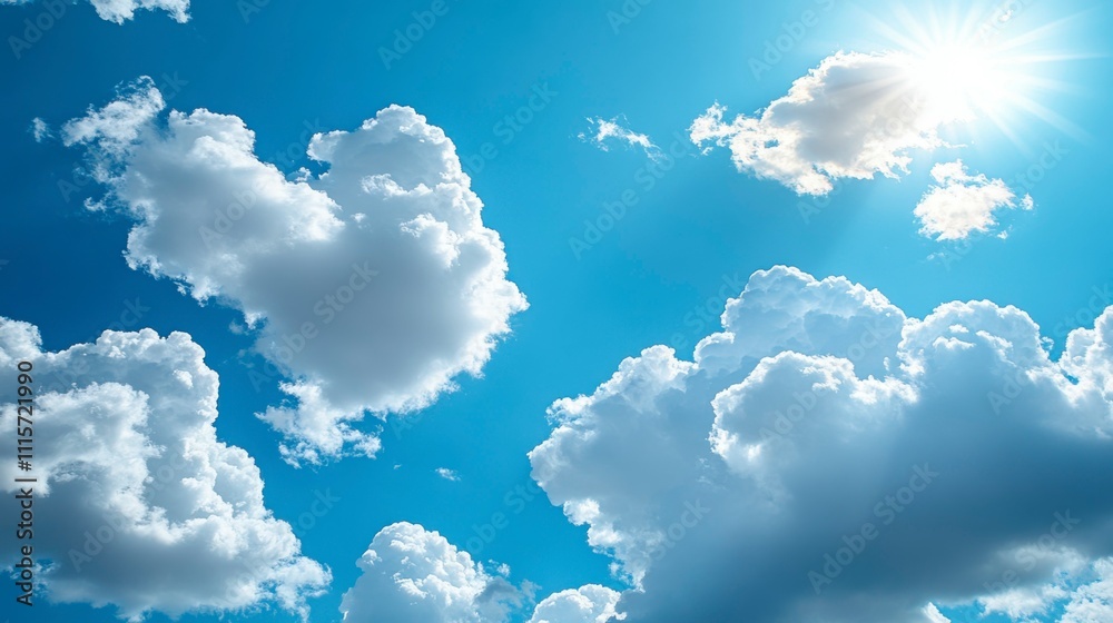 Poster a peaceful sky with gentle cumulus clouds scattered across it illuminated by the sun creating a perf