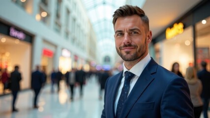 Fototapeta premium respectable man in business suit looking at camera standing in shopping mall
