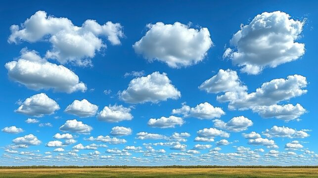 Fluffy cumulus clouds scattered across a clear blue sky creating a peaceful and uplifting atmosphere ideal for nature visuals and serene backgrounds for various designs.