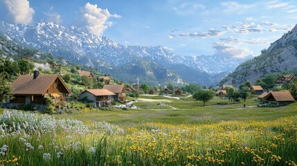 Fototapeta premium Scenic rural village surrounded by majestic mountains peaceful landscape nature photography bright daylight tranquil serenity