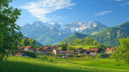 Fototapeta premium Scenic rural village surrounded by majestic mountains beautiful landscape photography serene environment daytime viewpoint