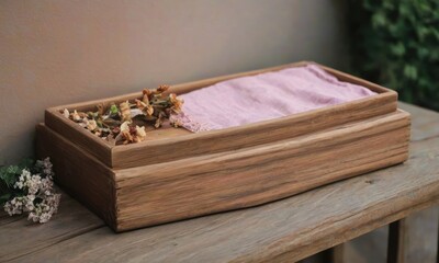 Rustic Wooden Storage Box: A handcrafted wooden box with a natural, rustic aesthetic. The box features a unique curved design with a soft pink cloth inside.