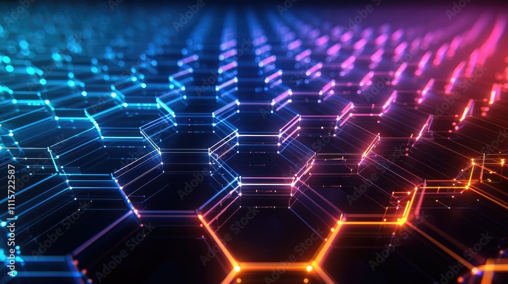 Poster Abstract futuristic background with colorful glowing hexagons on a dark blue background, a perspective grid, and connection lines. Big data technology concept.
