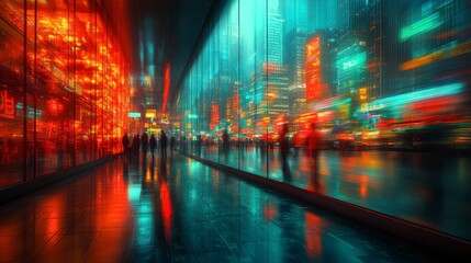A long exposure shot of a crowded office lobby with business people walking fast and a blur effect emphasizing the quick pace of modern professional life in corporate spaces.