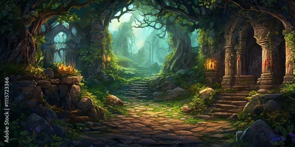 Poster a forest scene with a path leading to a castle