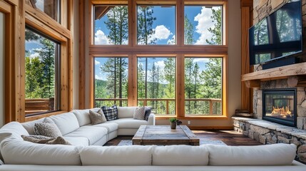 Fototapeta premium Cozy cabin living room with large windows overlooking a forest. Sectional sofa, fireplace, and rustic decor.