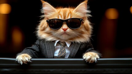 A fashionable cat in a sharp suit and tie, with sunglasses adding flair, bringing together the worlds of business and humor in a stylish, attention-grabbing way.