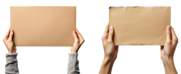 Hand holding blank brown card isolated on white background.