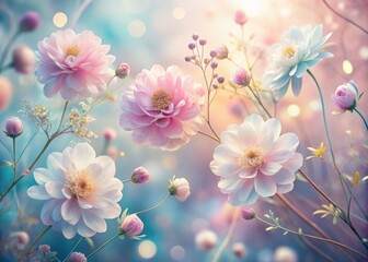 Obraz premium Serene Double Exposure of Delicate Flowers Merging with Soft Pastel Gradient Background for a Tranquil Atmosphere