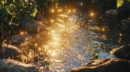 Fototapeta premium Sunlight reflected on water's surface serene stream nature photography tranquil environment close-up view natural beauty