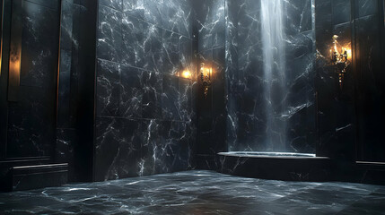 Fototapeta premium Black Marble Interior Background with Golden Lights