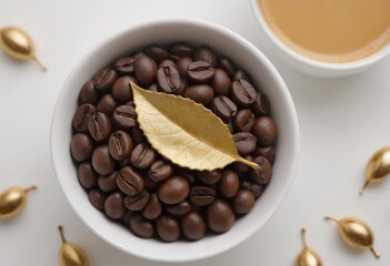Fototapeta premium Coffee beans and cup of coffee on white background, top view. AI generated