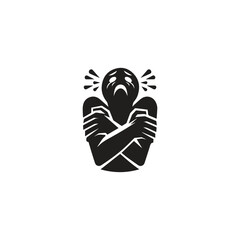 Obraz premium PrintBlack and white illustration depicting a person in a gesture of fear or anxiety, with closed eyes and crossed arms. Represents emotional distress and intense feelings.