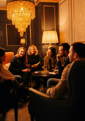 Groupe d'amis discutant dans un salon chaleureux et élégant avec une ambiance lumineuse