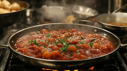 Cooking a flavorful tomato sauce with fresh herbs in a bustling kitchen during dinner preparation. Generative AI