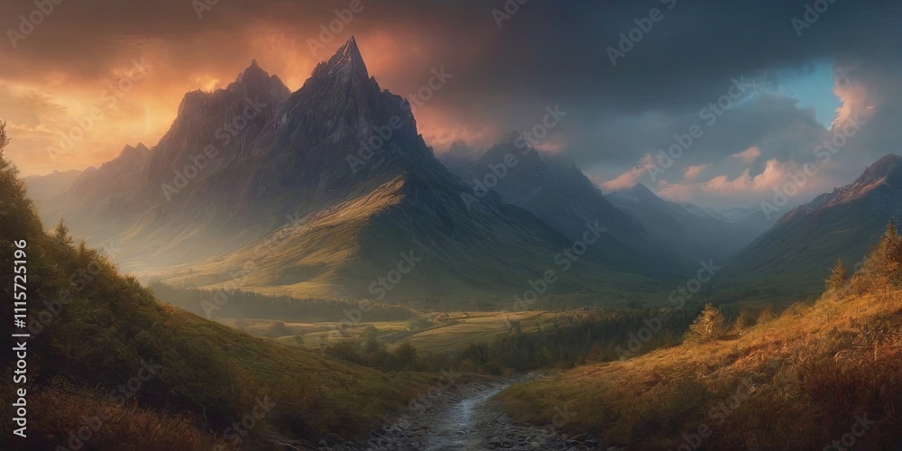 Poster a mountain range with a valley in between
