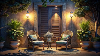 Fototapeta premium Serene Night Scene with Two Elegant Chairs in Front of a Shuttered Door, Bathed in Soft Moonlight – Ideal for Home Decor and Interior Design Concepts