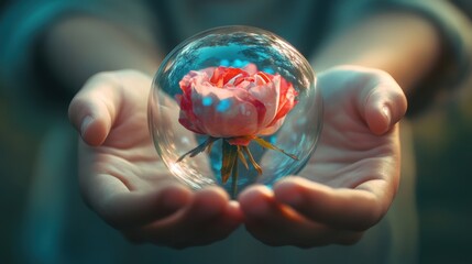 A delicate rose encased in a glass sphere held by two hands.