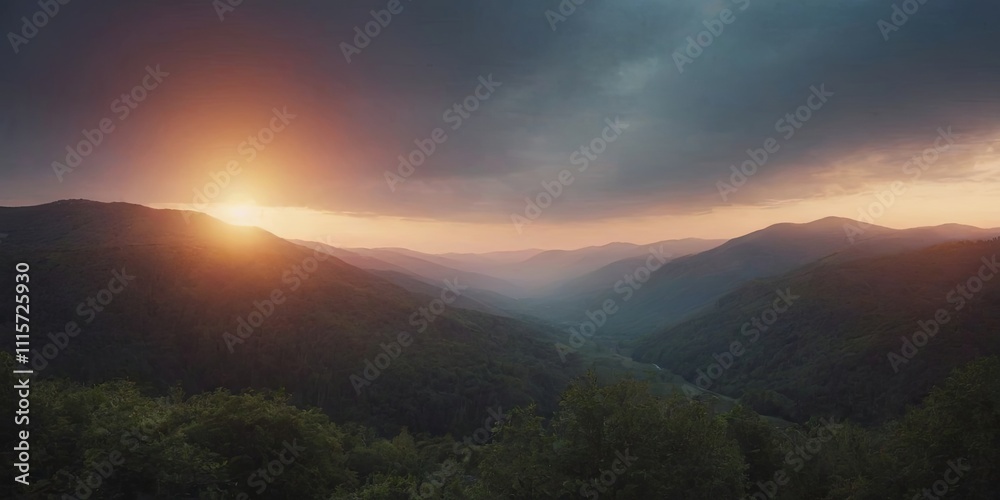 Poster a mountain range with a sun setting in the background
