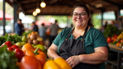 Fototapeta premium Portrait of a plump, fair-haired woman working at the market, selling vegetables and fruits