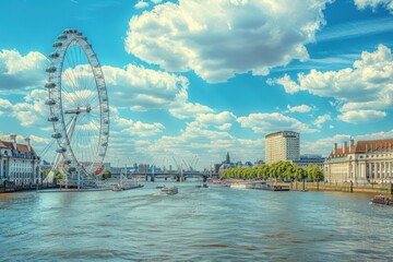 Obraz premium Iconic London Skyline: Ferris Wheel, River Thames, and Cityscape