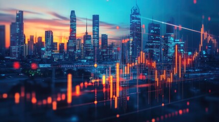 Fototapeta premium A digital city skyline with a financial graph overlay, illustrating market trends.