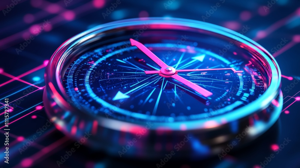 Poster digital compass navigating a glowing network of data points and lines on gradient blue