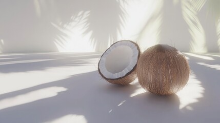 Obraz premium Halved Coconut on White Background with Soft Lighting