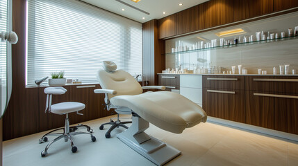 Wnętrze kliniki dermatologicznej i salonu piękności dla klientów VIP odzwierciedla dbałość o każdy szczegół, tworząc unikalną przestrzeń relaksu i komfortu.
