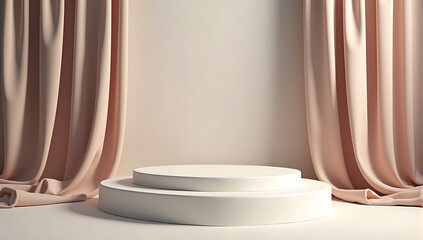 A simple, elegant podium with soft, flowing fabric draped in the background, creating a luxurious and sophisticated setting.