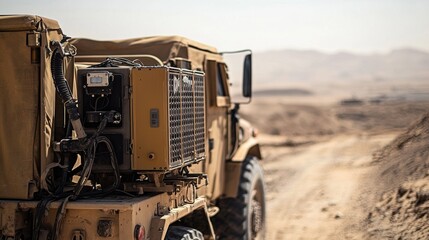 Mobile generator mounted on military vehicle in desert landscape