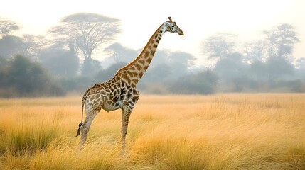 Fototapeta premium Giraffe in African Savanna at Sunrise. Majestic giraffe standing tall in golden grass, misty trees in background.