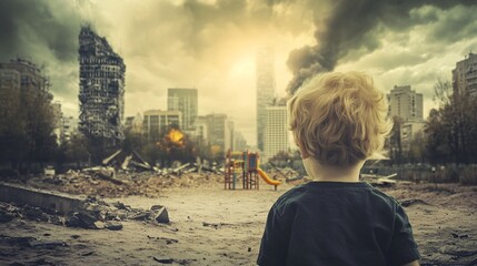 Fototapeta premium A child facing a dystopian cityscape engulfed in ash and debris, with the remains of a playground in the foreground, symbolizing the loss of innocence, climate change impacts