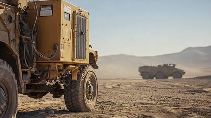 Mobile generator mounted on military vehicle in desert landscape