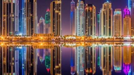 Vibrant city skyline at night reflected in water.
