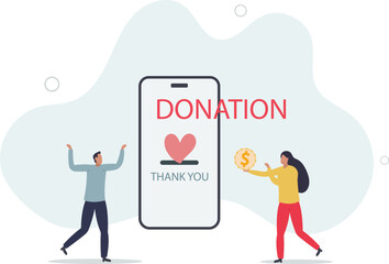 Charity donation, donate online with care to help and support people, giving money or volunteer, mobile social app to help other people concept.flat characters.