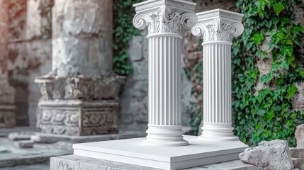 Obraz premium Elegant White Greek Columns Classic Roman Design Product Display Podium Ancient Ruins B