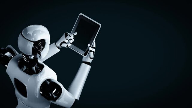 Futuristic robot artificial intelligence huminoid AI programming coding technology development and machine learning concept. Robotic bionic science research for future of human life. 3D rendering.