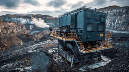 Large generator on platform in mining operation with rugged terrain