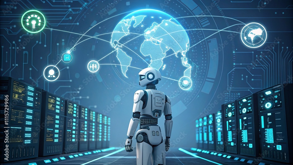Poster A robot stands in front of a computer screen with a globe and other icons